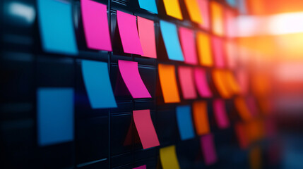 Colorful sticky notes arranged on a board for creative brainstorming and planning.