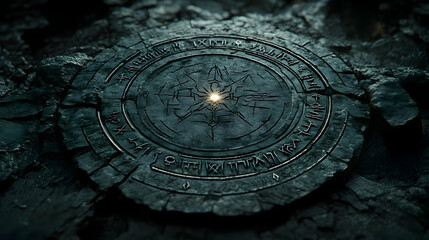 A mystical stone tablet with intricate symbols and a glowing center, suggesting ancient magic.