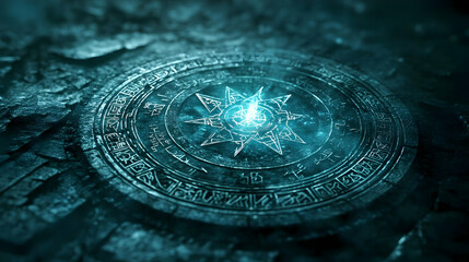 A mystical circular symbol with glowing elements, set against a dark, textured background.