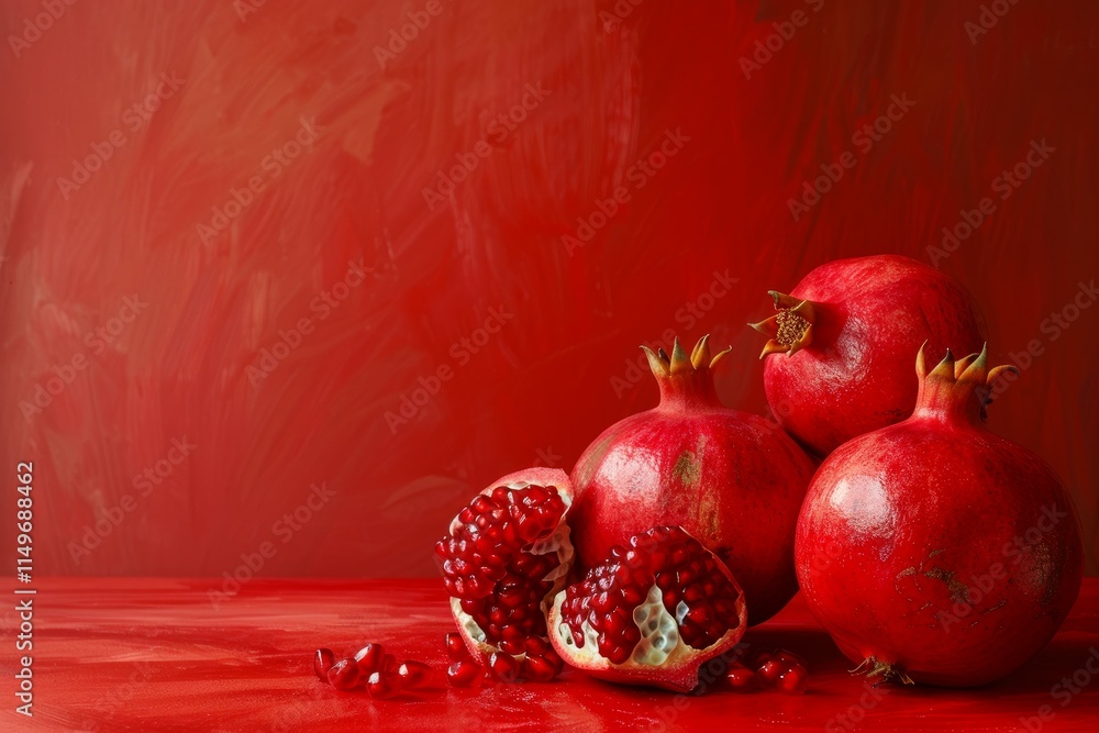 Aufkleber fresh, whole and open pomegranates create a vibrant display on a red surface