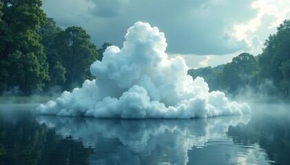 Fototapeta premium A cloud formation rises from the surface of the pond like a ghostly apparition, formation, unsettling