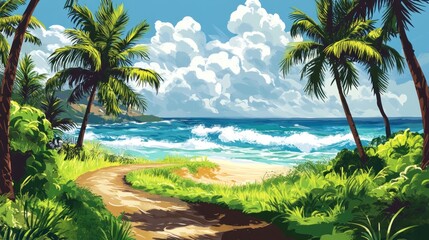 Obraz premium Park with a walking trail by the beach, ocean waves in the background, palm trees swaying, bright and tropical 