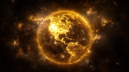 Golden glowing earth with network connections in space.
