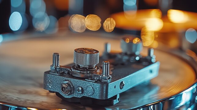 Close-up of a vintage drum tuner on a wooden drum surface during a music session