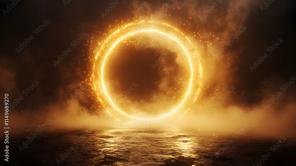 Poster a glowing circular portal surrounded by mist and light, creating a mystical atmosphere.