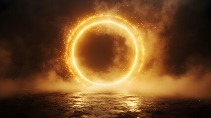 Obraz premium A glowing circular portal surrounded by mist and light, creating a mystical atmosphere.