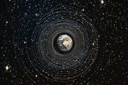 Intricate star map featuring earth, constellations, and nebulae for sci fi or fantasy visuals