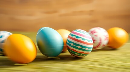 Easter Eggstravaganza: Vibrant Easter eggs in a row, adorned with festive patterns and colors, create a cheerful and colorful display. Perfect for celebrating spring and the Easter season.  
