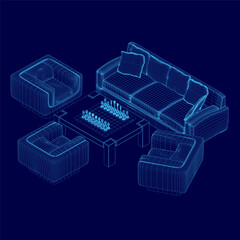 Wireframe sofa, armchairs and table with chess. Isometric view. Vector illustration. 3D