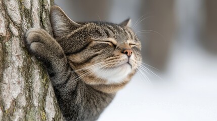 Obraz premium A relaxed cat enjoys a cozy moment while resting against a tree trunk, exuding tranquility in a snowy environment.