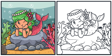 Cute mermaid girl coloring page vector illustration