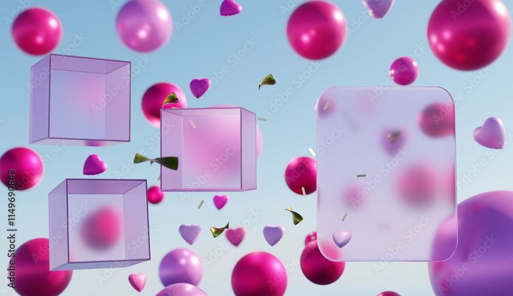 Poster 3 frosted glass cube containers with big rectangular glass geometric shape for copy space, floating 
