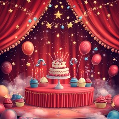 Festive birthday cake with cupcakes and balloons on a stage.