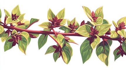 Colorful plant branch with variegated leaves and buds.