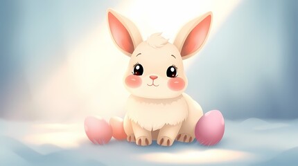 Fototapeta premium Easter Bunny with Eggs: A delightful illustration of a fluffy white bunny with pink ears, sitting on a cloud with pink Easter eggs. The bunny's big.