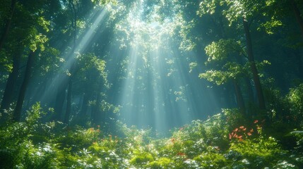 Obraz premium Sunlit forest path, lush greenery, magical scene.