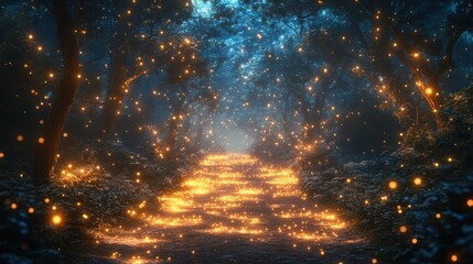 Naklejka premium Enchanted forest path, glowing lights, magical night.