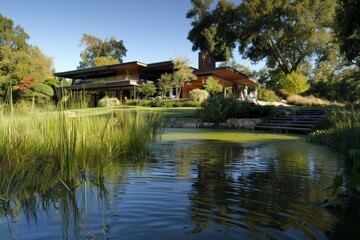 Obraz premium Tranquil pond reflecting a modern luxury home nestled within a beautifully landscaped garden, showcasing sustainable design and natural beauty