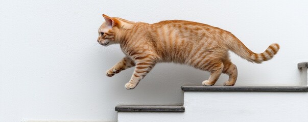 A playful orange tabby cat is climbing stairs, showcasing its agility and curiosity in a bright, minimalist environment.