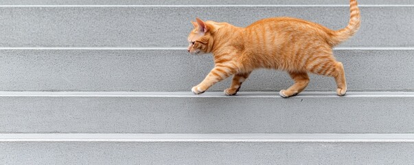 A ginger cat walks gracefully up a set of gray stairs, showcasing its playful demeanor and curiosity.