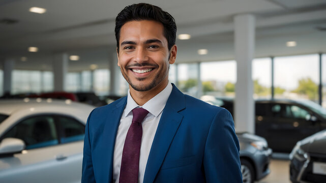 Latin American Car Salesman in Dealership with New Cars