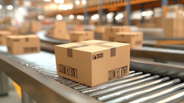 A cardboard box on a conveyor belt in a warehouse, surrounded by more boxes, highlighting logistics and shipping processes.
