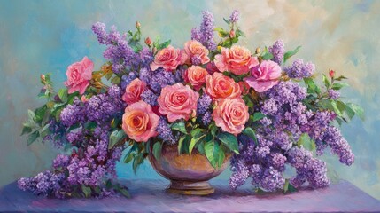 Fototapeta premium A cheerful spring floral arrangement featuring pink roses and purple lilacs in vibrant, uplifting colors.