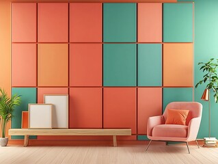 Vibrant and Minimalist Living Room with Colorful Wall Panels and Cozy Furniture