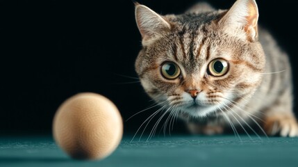 A curious cat intently watches a ball, showcasing playful focus in a dimly lit setting.