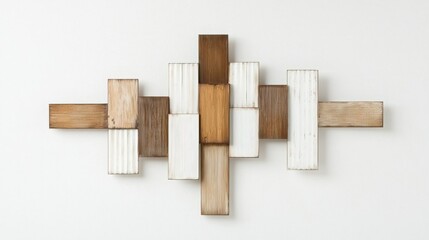 A modern wooden wall art piece featuring a geometric arrangement of natural and painted wood in various tones.