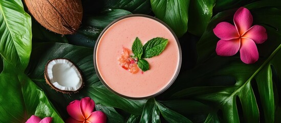 Pink guava soup with coconut milk, surrounded by fresh tropical flowers and leaves 