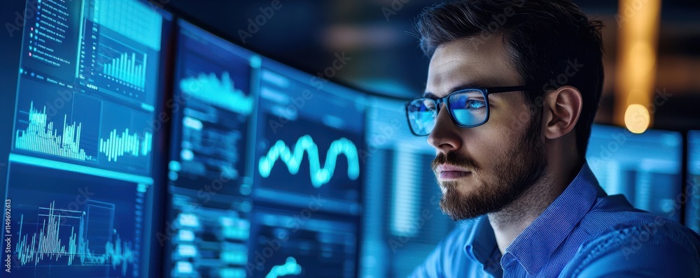 Aufkleber a focused individual analyzes data on multiple screens in a dimly lit environment, showcasing modern