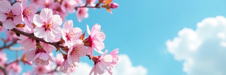 Fototapeta premium A delicate pink and white almond blossom against a blue sky with fluffy white clouds, soft focus, spring, blossoming tree