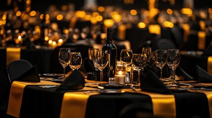 Elegant black and gold banquet table setting with wine, candles, and glasses.