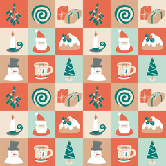 Christmas Collection Patchwork Seamless Pattern of Square Tiles. Collection of Festive Elements Santa, Hat, Christmas Tree, Gift, Candle, Tea, Mistletoe, Snowman, Panettone.