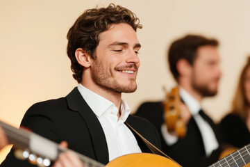 Together, A vibrant image featuring a diverse group of musicians joyfully playing instruments together in a harmonious setting.