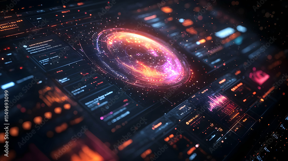 Poster a futuristic digital interface displaying cosmic data and analytics.