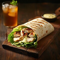 A classic chicken Caesar wrap with romaine lettuce, grilled chicken, and Caesar dressing