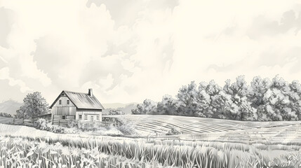 Quaint Countryside Farmhouse in Serene Crosshatched Landscape with Rolling Hills and Open Sky