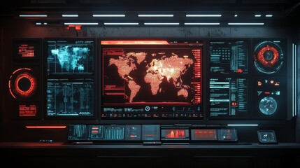 Obraz premium External end module of the security department main panel with real-time map, event record, alert overview, resource allocation, communication tools, and subsequent processing, front view