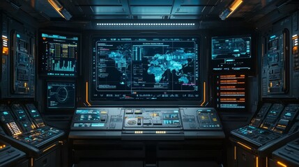 Obraz premium External end module of the security department main panel with real-time map, event record, alert overview, resource allocation, communication tools, and subsequent processing, front view