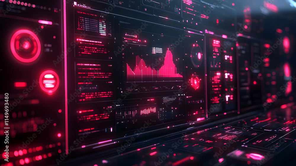 Poster futuristic digital interface with data visualizations and metrics in red tones.