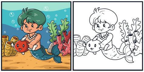 Mermaid boy coloring page vector illustration
