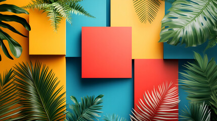 Fototapeta premium A vibrant arrangement of colorful geometric shapes surrounded by lush green leaves.