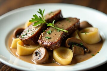 A detailed shot of the tender beef strips and saut?ed mushrooms in a creamy mushroom sauce served on a white plate, mushrooms, mushroom sauce, white plate