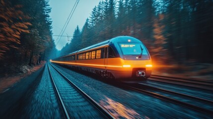 Fototapeta premium High-speed train rushes through autumnal forest.