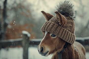 Adorable brown foal wearing a warm knitted hat with pompom stands in a snowy paddock during a winter snowfall
