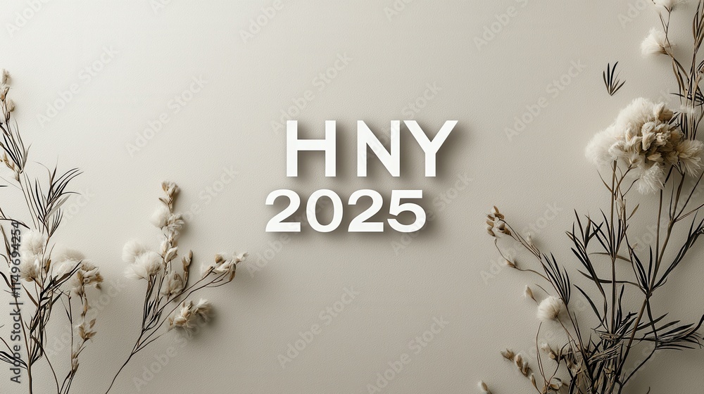 Poster simple minimalistic rendering of happy new year 2025 with elegant floral elements and neutral backgr