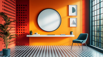 Modern interior design featuring a vibrant wall, minimalist decor, and natural light.