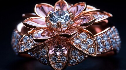 Obraz premium Rose gold ring with shimmering diamonds and intricate flower design.